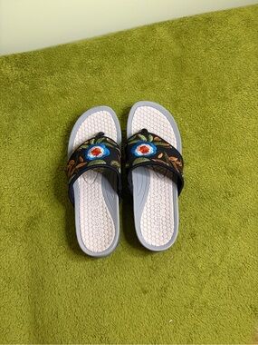 BareTraps Black Slide Sandals with Blue & Orange Floral Embroidery